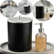 Kit Banheiro Preto Lixeira 5L Com Tampa Prata Fosca + Dispenser Porta Sabão De Vidro 400ml