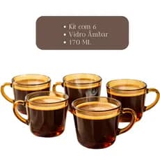 Jogo 6 Xícaras de Vidro Âmbar 170ml para Café e Chá Copo de Vidro Premium Resistente Design Clássico Elegante