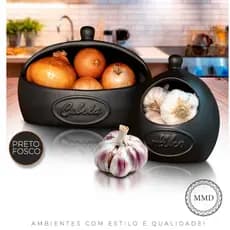 *LANÇAMENTO* Kit Condimentos Cebola Alho Em Cerâmica Cozinha Decoração Armazenamento Preto Fosco