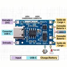 Módulo TP4056 Carregador Bateria Lítio Typo C 1A com Proteção (BMS 1S) 18650