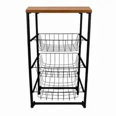 Fruteira De Chão Tubo Preto Branco Fosco Aço Carbono Tampo Amadeirado Marrom MDF Resistente Multiuso Cozinha