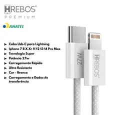 Cabo lightning 27W Hrebos Turbo Compatível - iPhone 7 8 X Xr 11 12 13 14 Pro Max