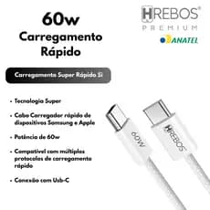 Cabo Tipo C Hrebos 1.5M Turbo Ultra Resistente Branco Trançado para Samsung iPhone 17 16 15