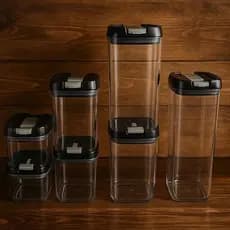 Kit 7 Potes Herméticos Acrílico Tampa Preta  Vedação Forte para Mantimentos Organizador Cozinha Premium