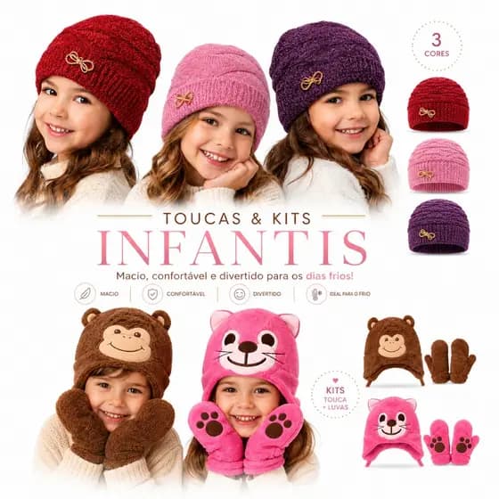 Touca Infantil Lisa / Kit Touca e Luva Infantil Forrado Macio Quentinho para Frio