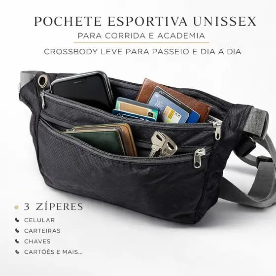 Pochete Esportiva Unissex Nylon Leve Ajustável para Corrida Academia Passeio Shows e Festivais