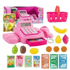 Caixa Registradora Infantil Brinquedo Com Som Luz Calculadora Leitor Scanner Mercadinho Cesta Compras Frutas