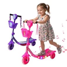Patinete Infantil 3 Rodas LED Som Cestinha Guidão 360° Freio Kit Proteção Capacete Menino Menina
