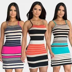 Vestido Listras Descontinuadas Curto Casual com Fenda