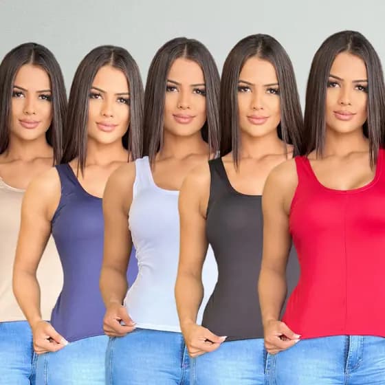 Kit 5 Blusinhas Regatas Femininas Alça Larga Costura no Meio em Microfibra sem Bojo Fresquinha