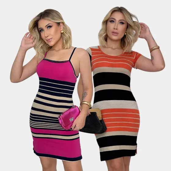 Kit 2 Vestidos Listras Descontinuadas Alcinha Rosa e Manga Salmão Curto