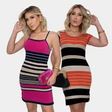 Kit 2 Vestidos Listras Descontinuadas Alcinha Rosa e Manga Salmão Curto