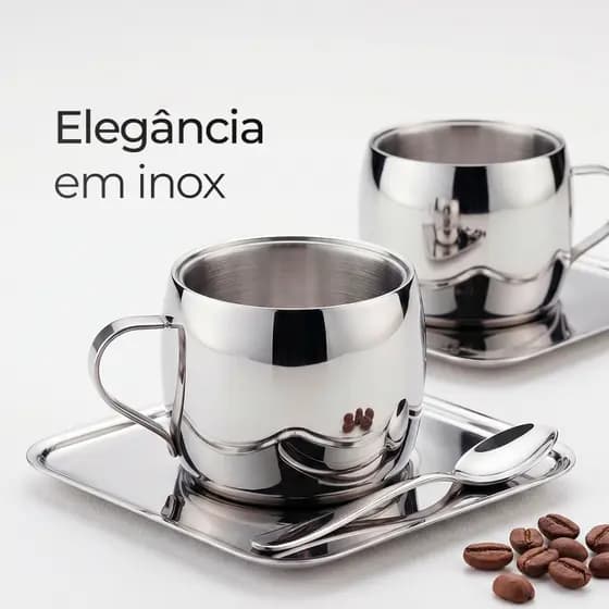 Jogo Café Inox Tramontina 18 Peças Parede Dupla Xícara Pires Quadrado Colher