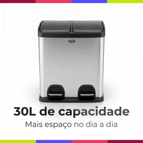 Lixeira Dupla Inox 30L EZIE Twins com Pedal Individual e Compartimentos Separados