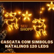 Cascata de Símbolos Natalinos com 8 Funções 120 LEDs Branco Quente 127v 2,5 Metros Natal Pisca Pisca