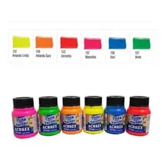 Kit Tinta Para Tecido Fluorescente 37ml Acrilex Com 6 Cores Azul Vermelho Maravilha Verde Ouro Limão