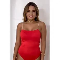 Body Feminino Luxury Vermelho Alcinha Dourada Decote Reto Tendencia Premium Com Bojo Suplex