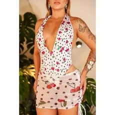 Conjunto Cereja Maiô Decote V Cavado Amarração Pescoço Saída Tule Regulagem Praia Piscina
