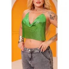 Cropped Top Manta Metálica Verde Decotado Frente e Costa Delicado Festa Balada Brasil Copa