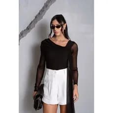 Body Manga Longa Preto Com fecho Suplex poliamida Costas no Tule Detalhe nas Costas detalhe em tecido frente Charme
