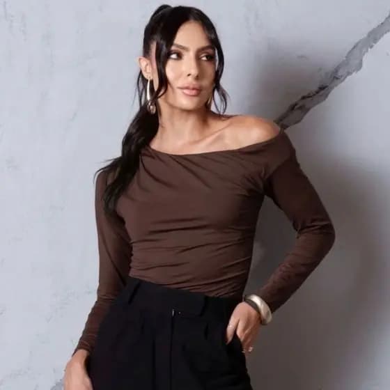 Body Feminino Manga Longa Assimétrico Ombro com Forro Tendência Diferente Casual Trabalho Confortável Chique Blogueira