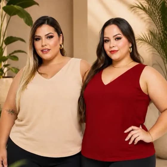 ​Kit 2 Regatas Feminina Tecido Duna Premium Gola V Plus Size Não Amassa Blusa Básica Verão