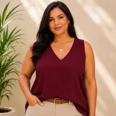 Regata Plus Size Feminina Decote V Tecido Duna Macio Confortável Verão