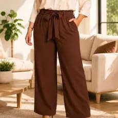 Calça Pantalona Feminina Cintura Alta com Laço e Elástico Tecido Duna Confortável Elegante
