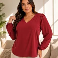 Blusa Feminina Plus Size Duna Manga Longa Bufante Decote V Confortável plus size