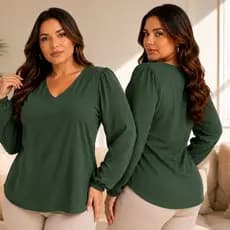 Blusa Feminina Estilosa Plus Size Duna Manga Longa Bufante Princesa Decote V Confortável G1 G2 G3