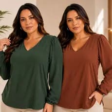 kit 2 blusas femininas Plus Size Tecido Duna Manga Longa Decote V Confortável Elegante Casual