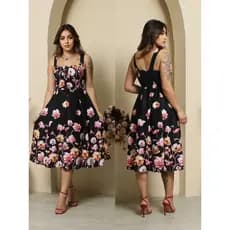 VESTIDO FEMININA MIDI ROMANTICO  ESTAMPA FLORAL VARADO  Y ALÇAS POSEI BOJO ELASTEX EN COSTAS