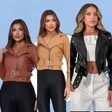 JAQUETA  FEMININA De Couro Com Zíper Elegante Inverno com cinto de fivela