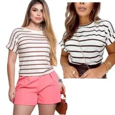 kit 2 Blusa Feminina Listrada Camisa Manga Dobrada Gola Redonda Moda Verão 2025  listra fina