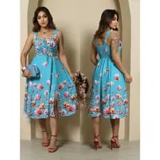 VESTIDO MIDI ROMANTICO COM E ESTAMPA FLORAL VARADO 3D Y ALÇAS POSEI BOJO ELASTEX EN COSTAS