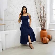 Vestido Longo De Alcinha e bojo Em Crepiho Forrado Modelo Botão E Babado Poa Elegante