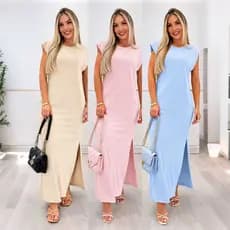 Vestido Longo Casual Básico Feminino Tecido  Ribana Canelada Manga Muscle Moda Gringa