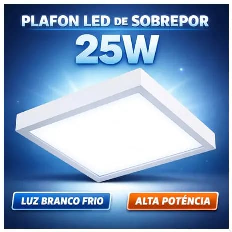 Luminária Painel Plafon 25W Sobrepor Quadrado Led Bivolt 30x30 Branco Frio 6500K