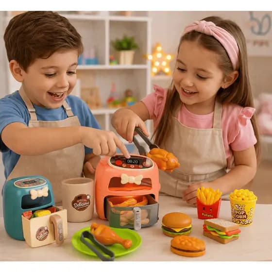 Conjunto Mini Air Fryer Infantil Luzes Divertidas Acessórios Brinquedo Cozinha Crianças