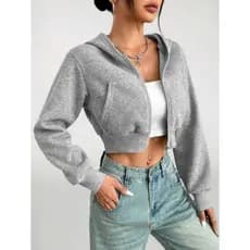 Blusa Cropped MOLETOM Com Capuz, COM BOLSO e Ziper TAM P/M Cinza