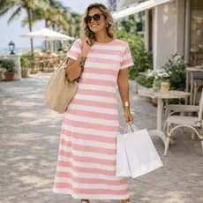 Vestido Midi Feminino Listrado Viscolycra Premium | Não Marca o Corpo | Fenda Lateral | Casual Elegante