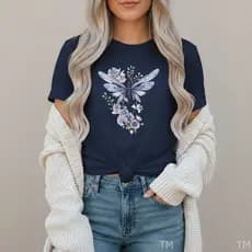 Camiseta Feminina Presente Premium Presente Libelula Azul Flores T-shirt Blusinha Para Mulher