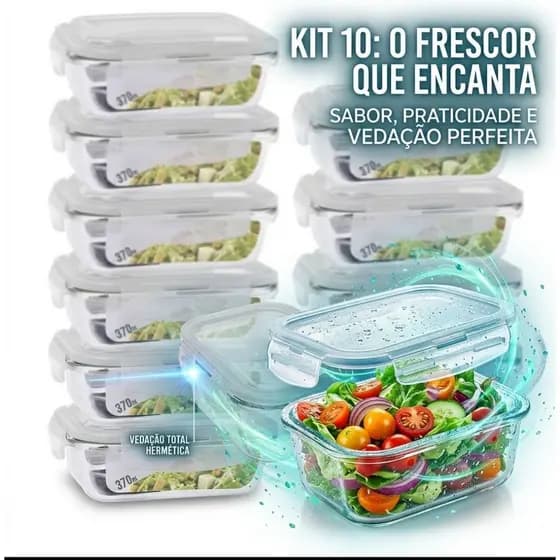 Kit 10 Potes De Vidro Vedação Hermética 370 Ml