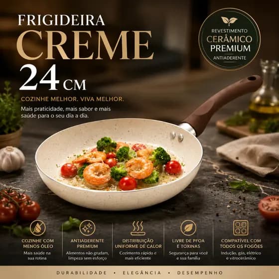 Frigideira 24 cm Creme Indução Cerâmica Antiaderente Fogão Cooktop gás