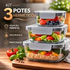Jogo De 3 Potes De Vidro Hermético Tampa