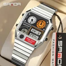 SANDA 3192 LED Eletrônico Quadrado Masculino Jovem Casual Multifuncional Termômetro Cronômetro Cronógrafo Relógio