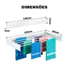 Varal Mágico Retrátil 120cm 7 Varetas até 25kg Branco Embutido Retrátil Praticidade Roupa Resistente