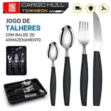 Kit Talheres 24 Peças Facas Garfos Colher Cabo de Imitação Madeira com Armazenamento