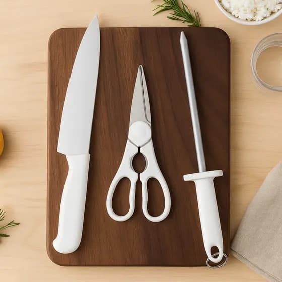 Kit 3 Peças Tesoura P/ Frango, Faca 8", Chaira 8"  - P/ Churrasco Aço Inox