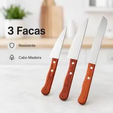 KIT Jogo 3 Facas Alimento Geral AÇO INOX: P/ Cozinha, Restaurante, Bar, Pizzaria